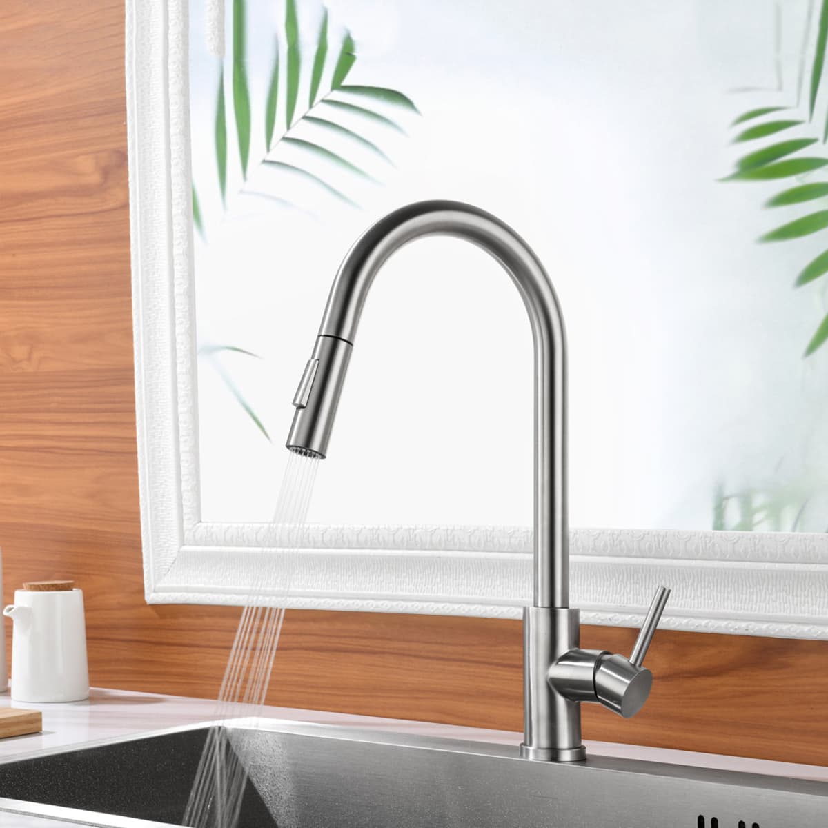 Aquacubic CUPC CE Certified Single-Handle High Arc Swan-Neck Modern Kitchen Sink Faucet with Pull Down Sprayer