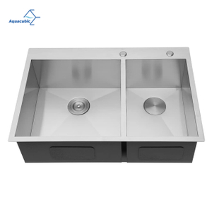 Factory Customized Drop in Stainless Steel Handmade 33 inch Double Basin Topmount Kitchen Sink with Faucet 
