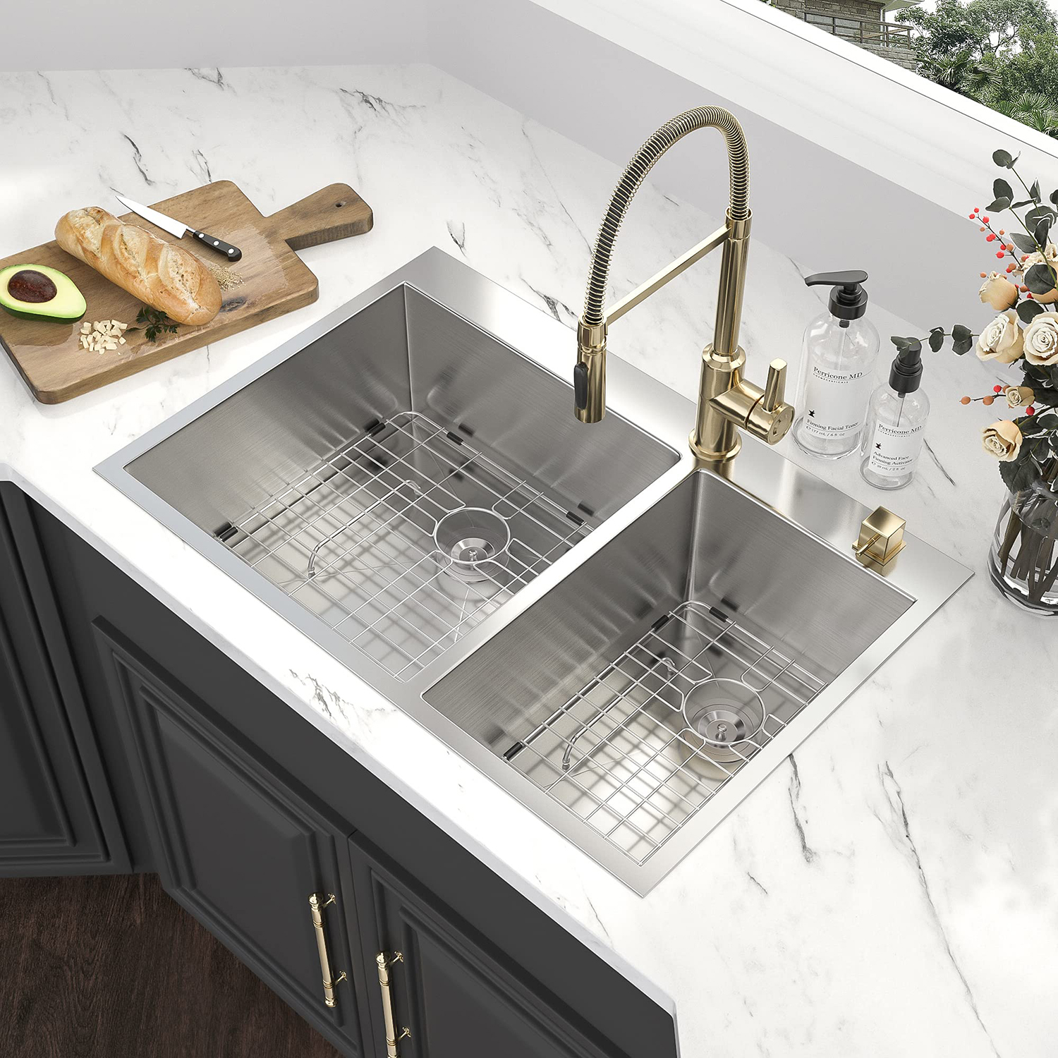 Factory Customized Drop in Stainless Steel Handmade 33 inch Double Basin Topmount Kitchen Sink with Faucet 