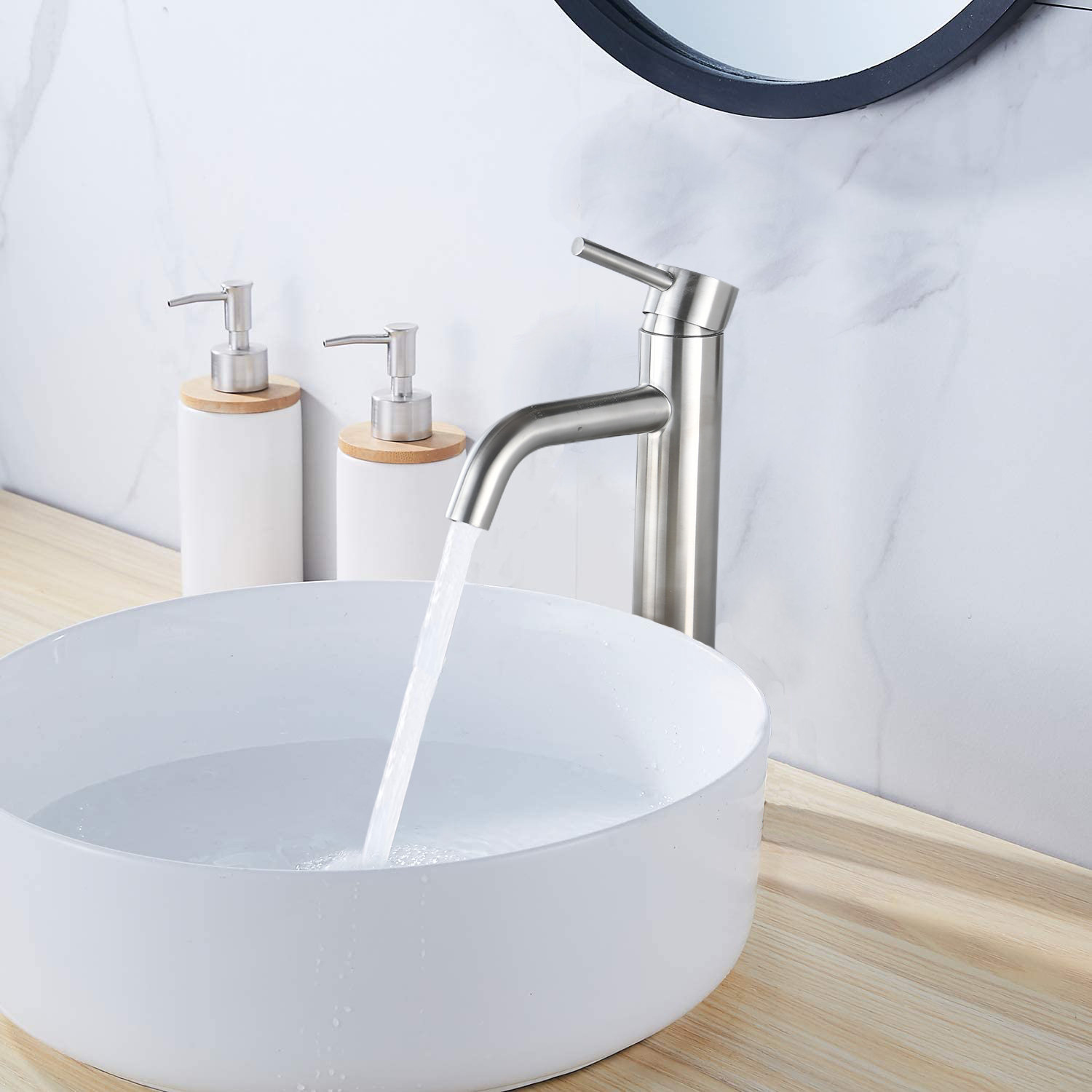 Aquacubic Tall Single Handle Stainless Steel Vessel Sink Bathroom Faucet Lavatory Mixer Tap with Pop-Up Drain