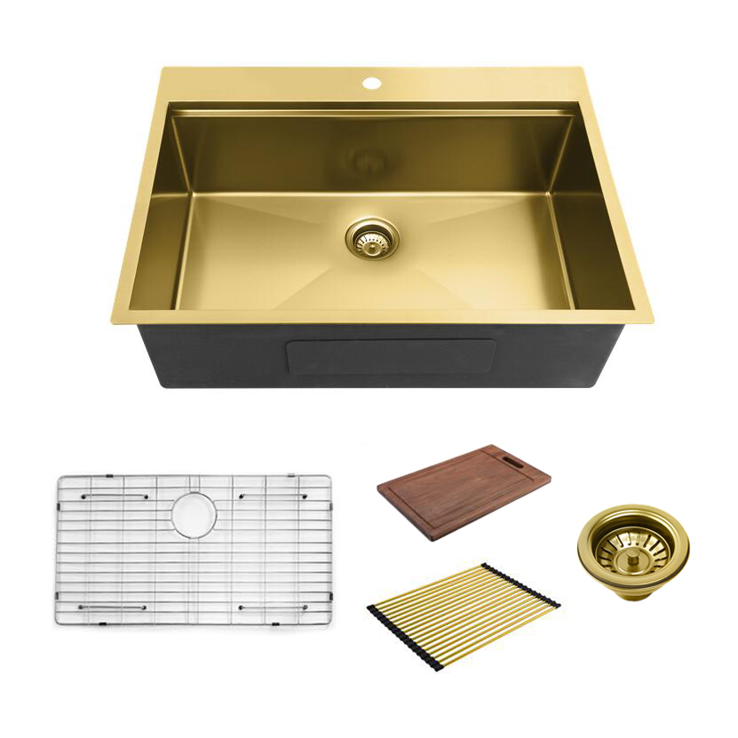Aquacubic cUPC PVD Nano 33x22 Inch Luxury Gold SUS 304 Single Bowl Undermount Handmade Kitchen Sink with Ledge