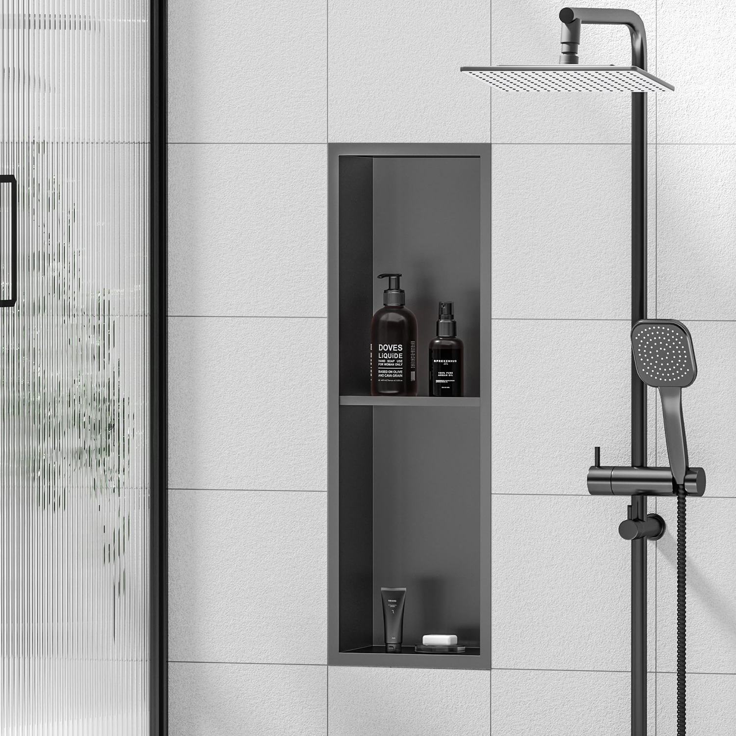 Professional Manufacturer Modern gunmetal gray Wall Hung 2-cell Metal Shelf with stainless steel embedded niche