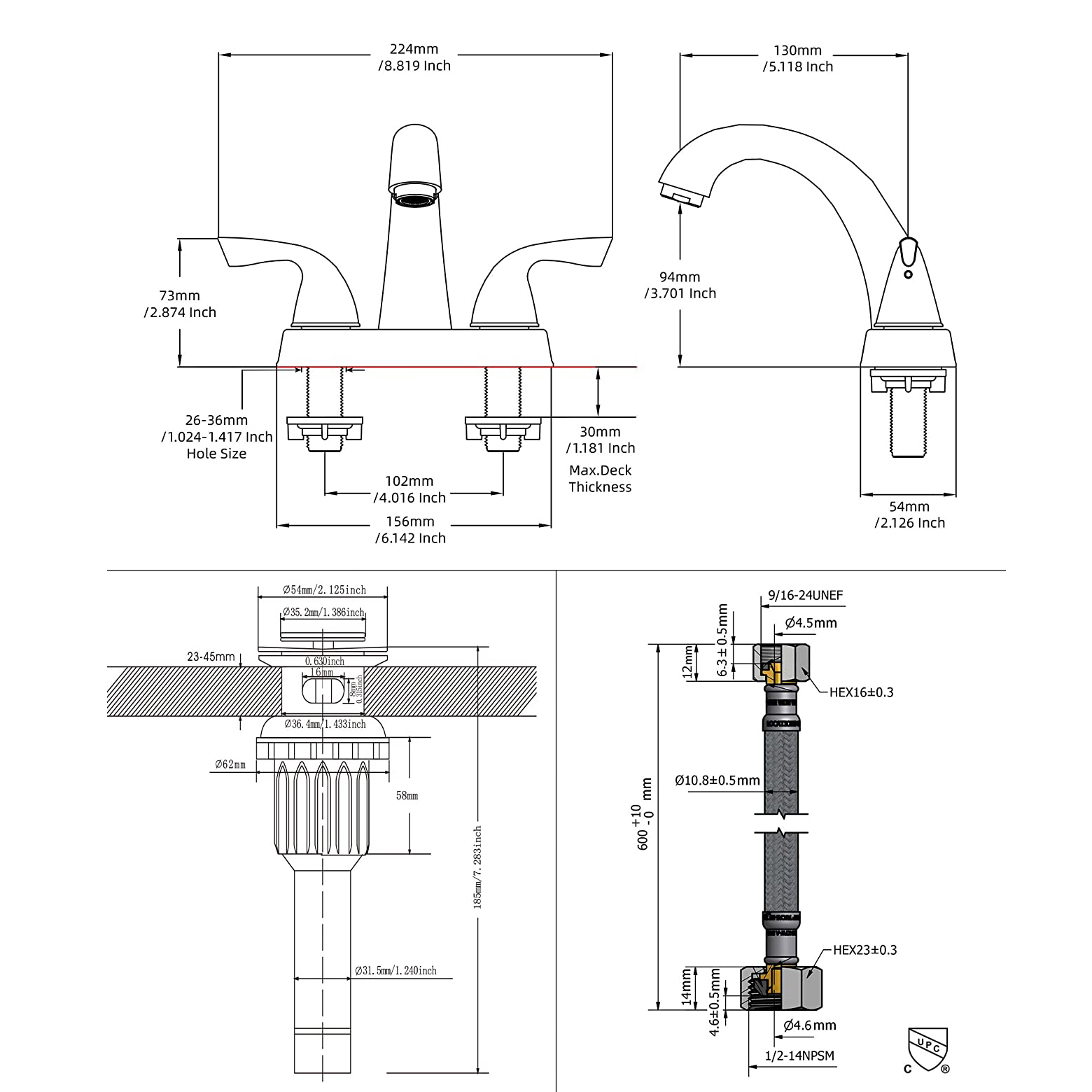 Lead-Free cUPC Lavatory Faucet Mixer Double Handle Tap Deck Mounted with Drain