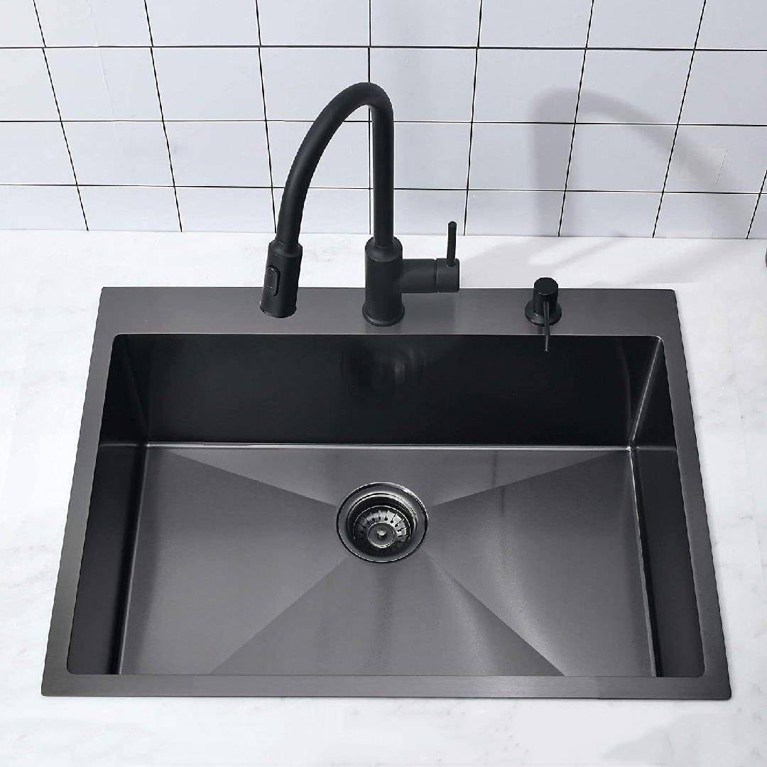 30" ×22" Single Bowl Drop In Stainless Steel Topmount Matte Black Kitchen Sink