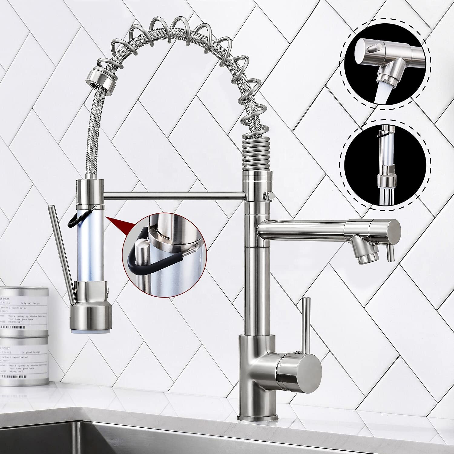 Aquacubic Top Class UPC Spring Commercial Pull Down Kitchen Faucet with Sprayer LED Light