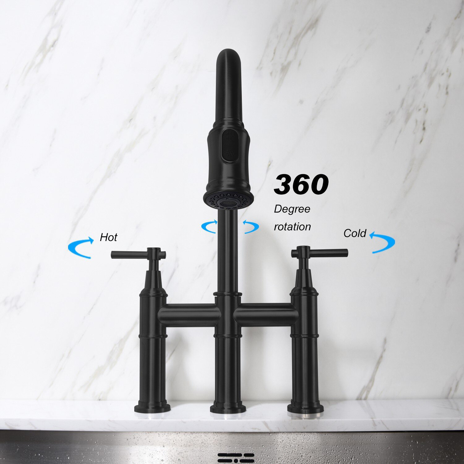  Aquacubic Bridge Kitchen Faucet with Pull-Down Sprayhead Fingerprint Resistant Spot Free (Matte Black)