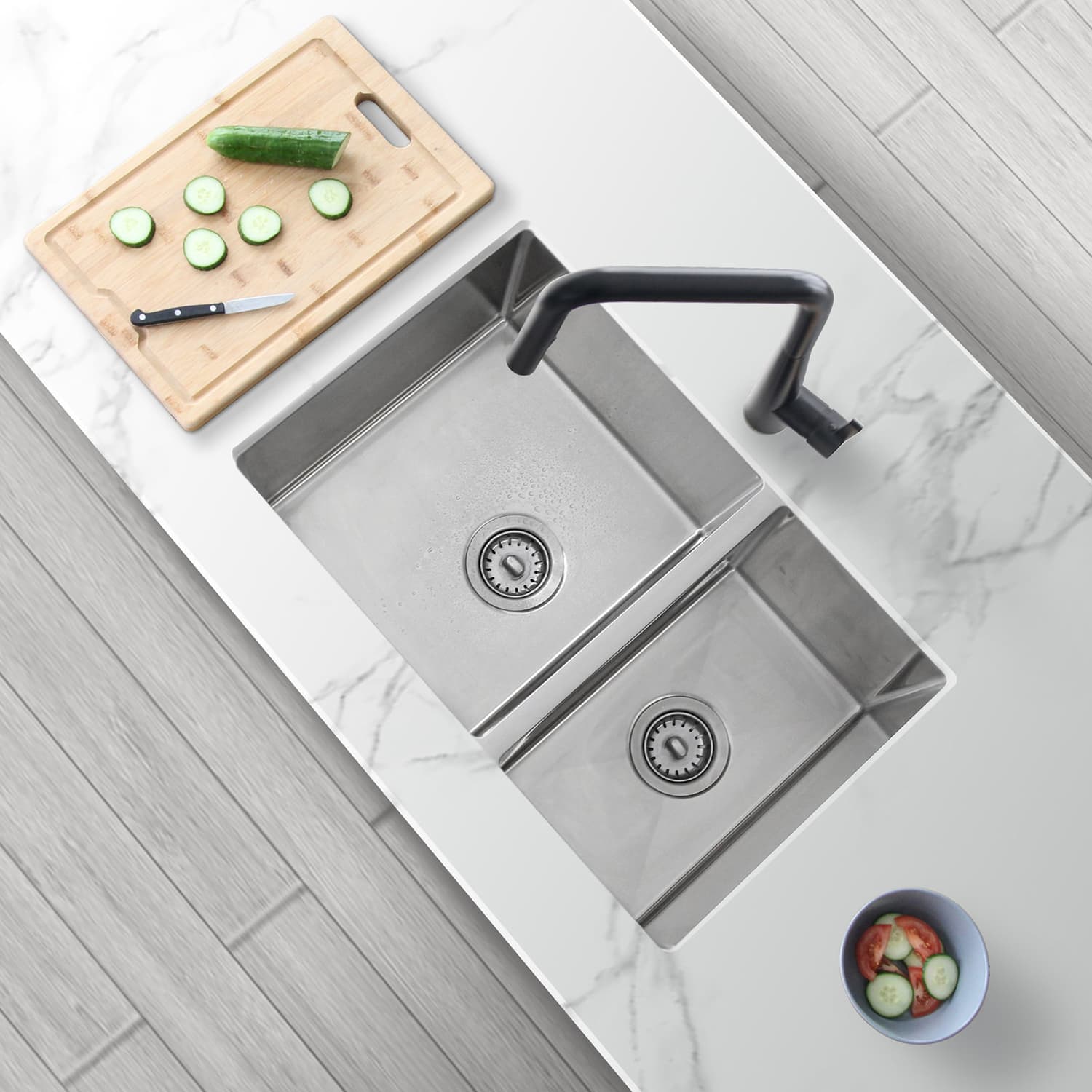 33 Inch 18 Gauge 304 Stainless Steel Handcrafted Dual Basin Undermount Kitchen Sink