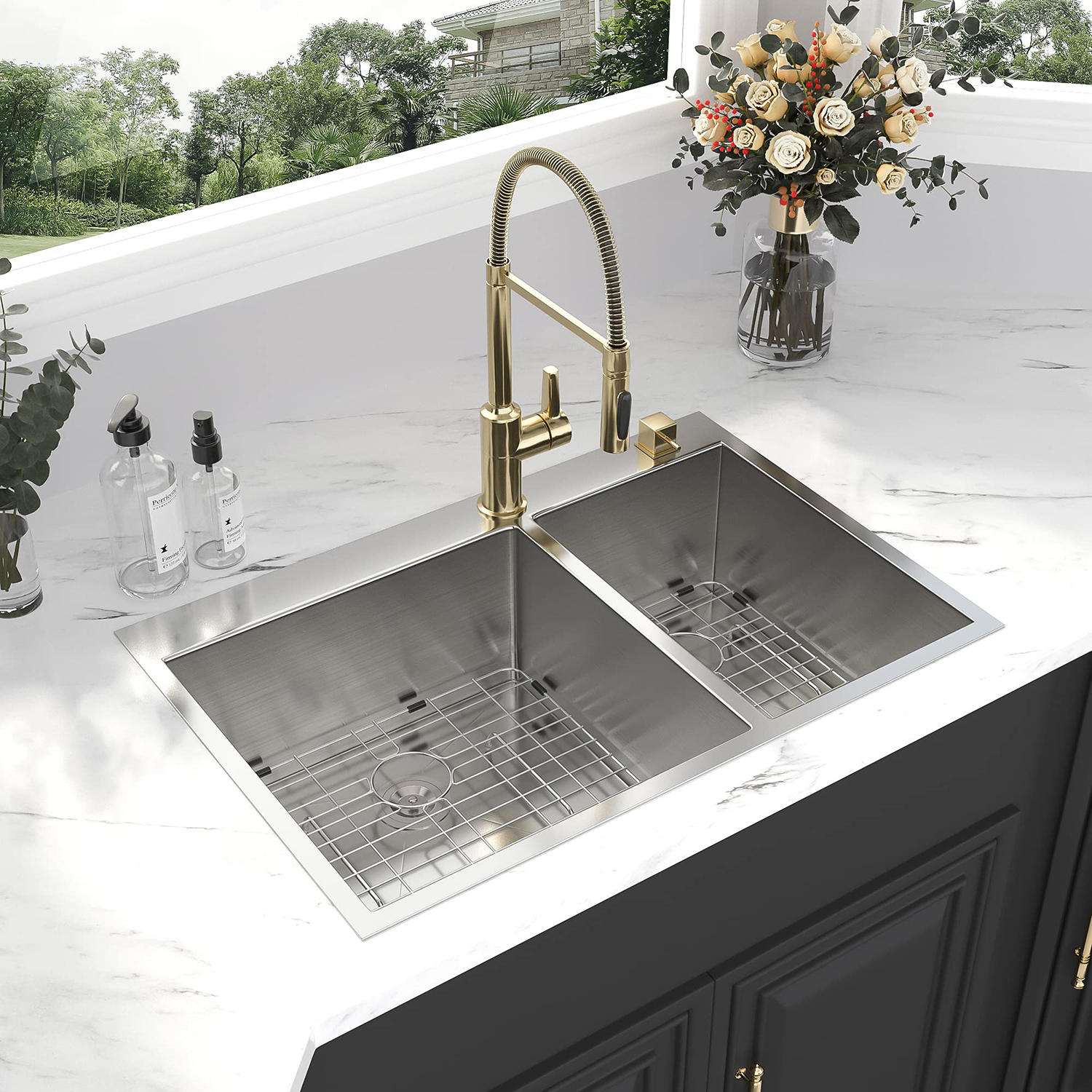 Factory Customized Drop in Stainless Steel Handmade 33 inch Double Basin Topmount Kitchen Sink with Faucet 