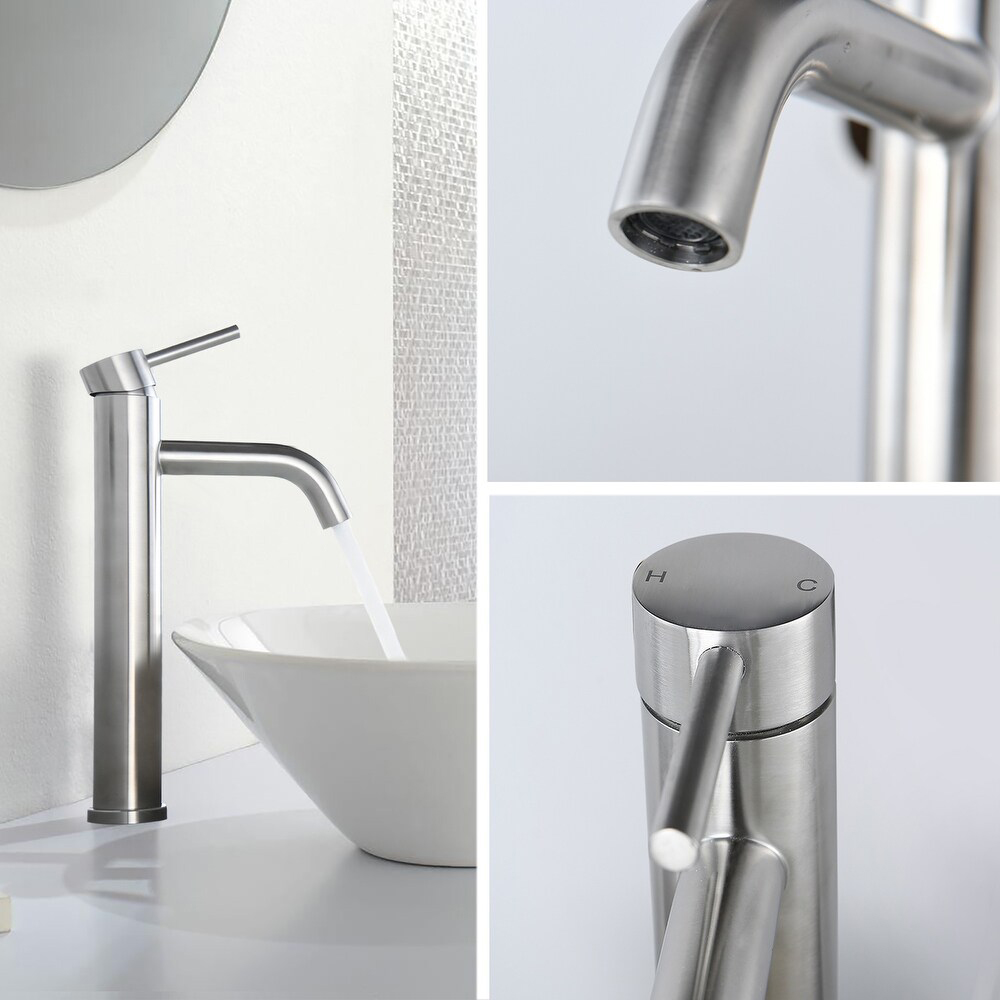 Aquacubic Tall Single Handle Stainless Steel Vessel Sink Bathroom Faucet Lavatory Mixer Tap with Pop-Up Drain