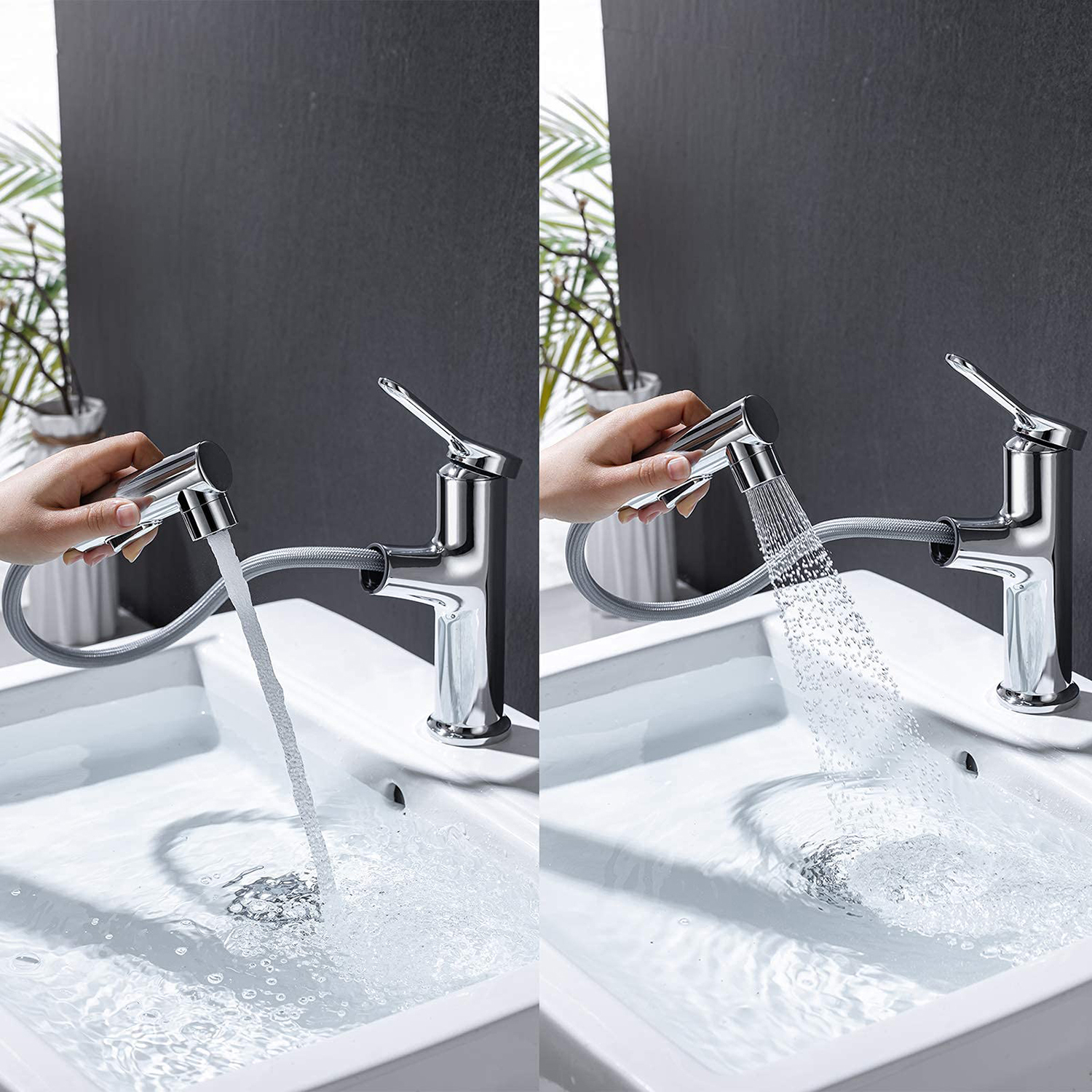 Aquacubic Multifunctional Single Hole Three Water Flow Modes Bathroom Faucet with Pull Out Sprayer