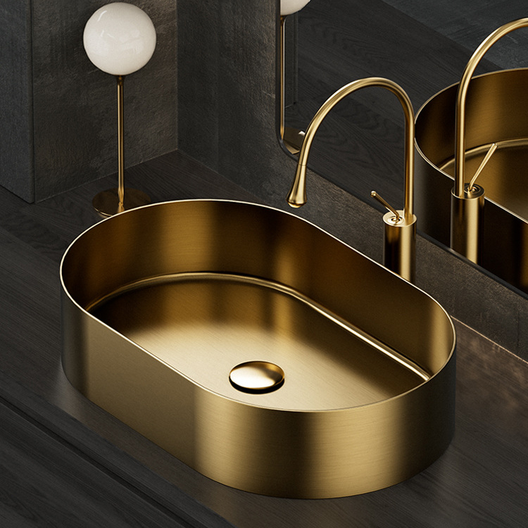 Aquacubic Modern Oval Round SS304 Sink Stainless Steel Gold Bathroom Hand Wash Basin for Lavatory Vanity Cabinet
