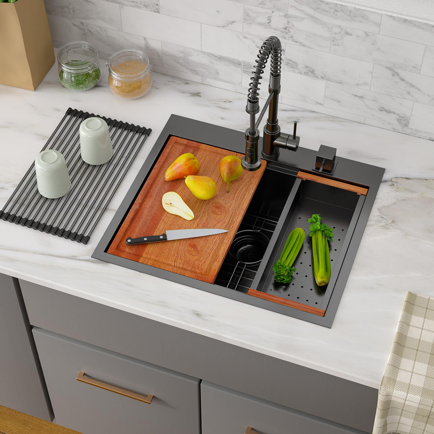 25x22 Black Stainless Steel Drop In Kitchen Workstation Sink 16 Gauge Single Bowl Deep Kitchen Sink with Cutting Board