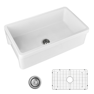 Unique Design 30 x 20 Inch Farmhouse Single Bowl Rectangular Reversible Fireclay Ceramic Kitchen Sink with Strainer & Protective Bottom Grid