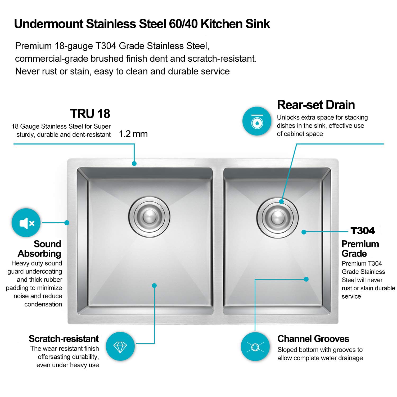 304 Stainless Steel Handmade Undermount Kitchen Sink – 60/40 Double Bowl, Noise-Reducing, Rustproof & Easy Clean