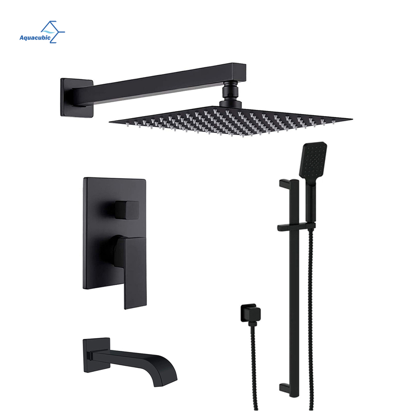 Aquacubic Bathroom Wall Mounted Shower Faucet Set 12 Inch Shower head with Slide Bar and Tub Spout