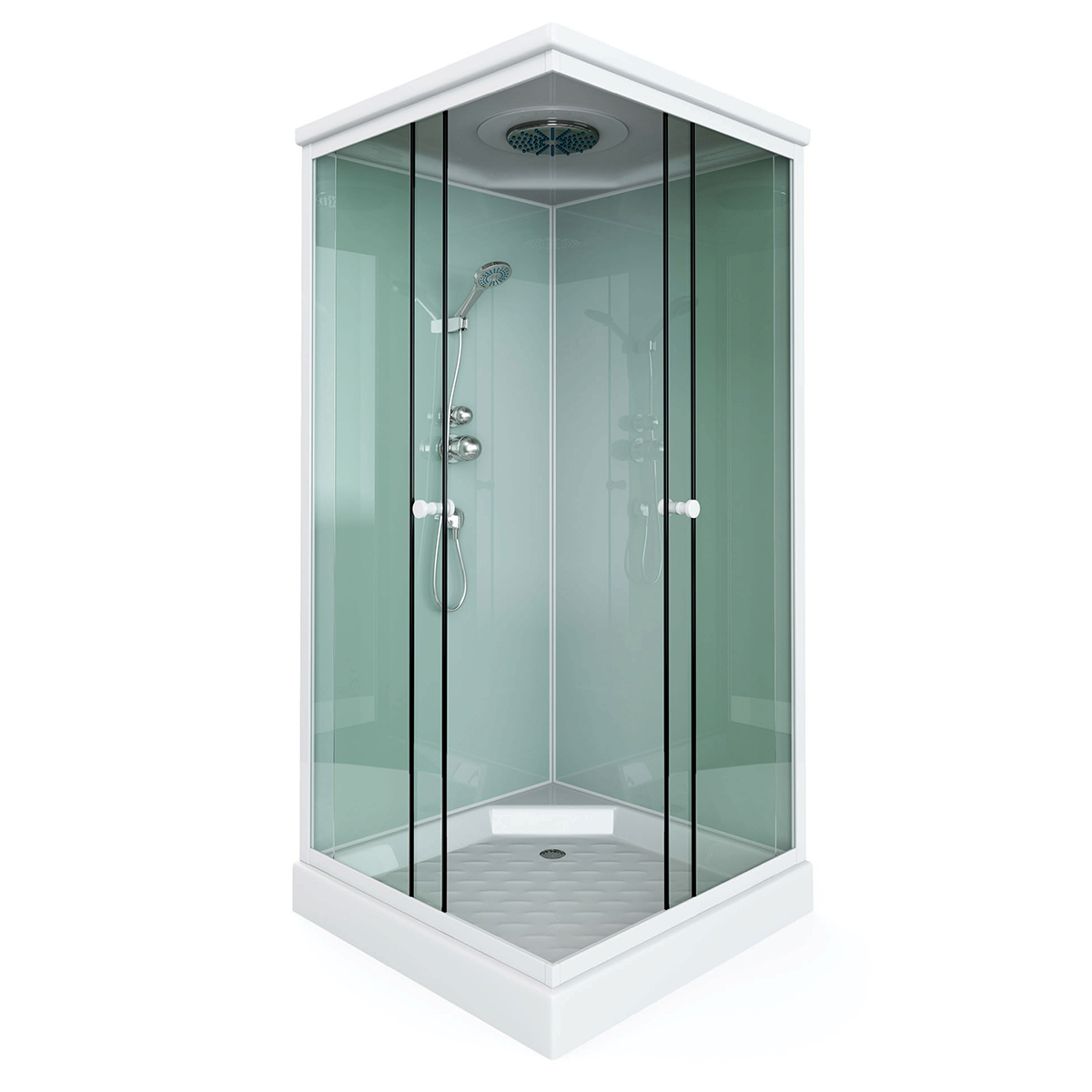 Commercial Walk-In Corner Shower Room System - Sliding Glass Doors, HydroMassage Jets & LED Mood Lighting, Pre-Assembled Bathroom Cabin Kit 