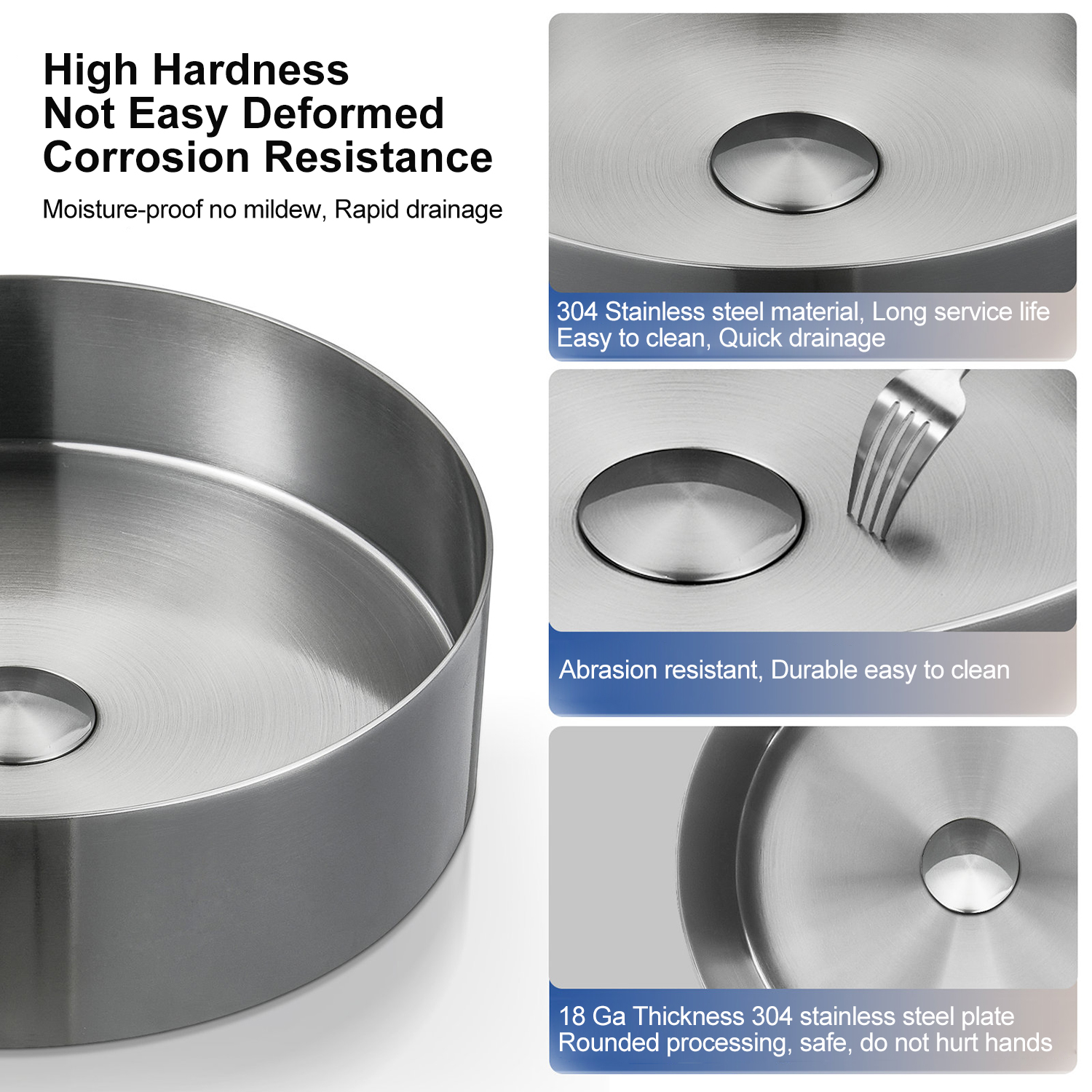 Modern Stainless Steel Bathroom Sink Above Counter Vessel Basin PVD Nano Coating 15.8" Round Sink With Drain