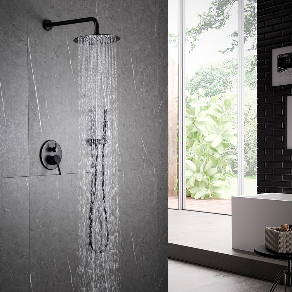 Aquacubic Matte Black Double Handle Shower Faucet Set 10" Rain Shower Head with Handheld Shower Sprayer