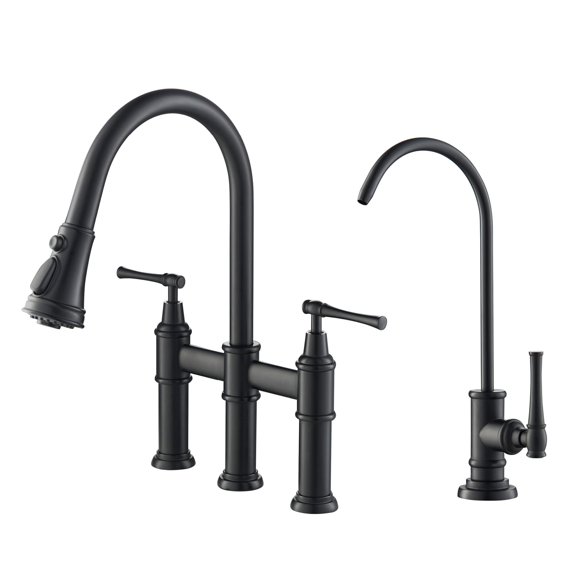 Matte Black Pull Down Sprayer Bridge Kitchen Faucet with Water Filter Faucet