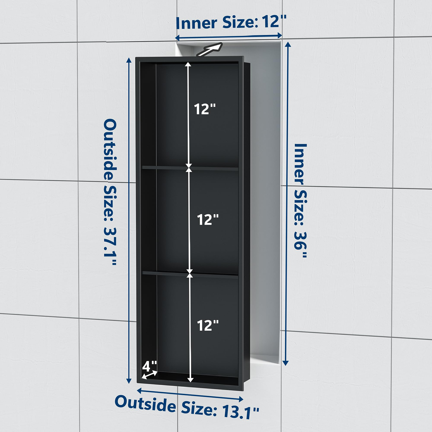 Factory Direct Bathroom 304 Stainless Steel Matte Black 3 Tier Recessed Shower Metal Niches