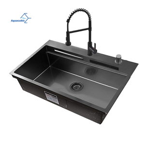 Luxury Gunmetal Black wash sinks waterfall faucet hot sale 304 stainless steel multi-functions kitchen sink with Faucet Accessories