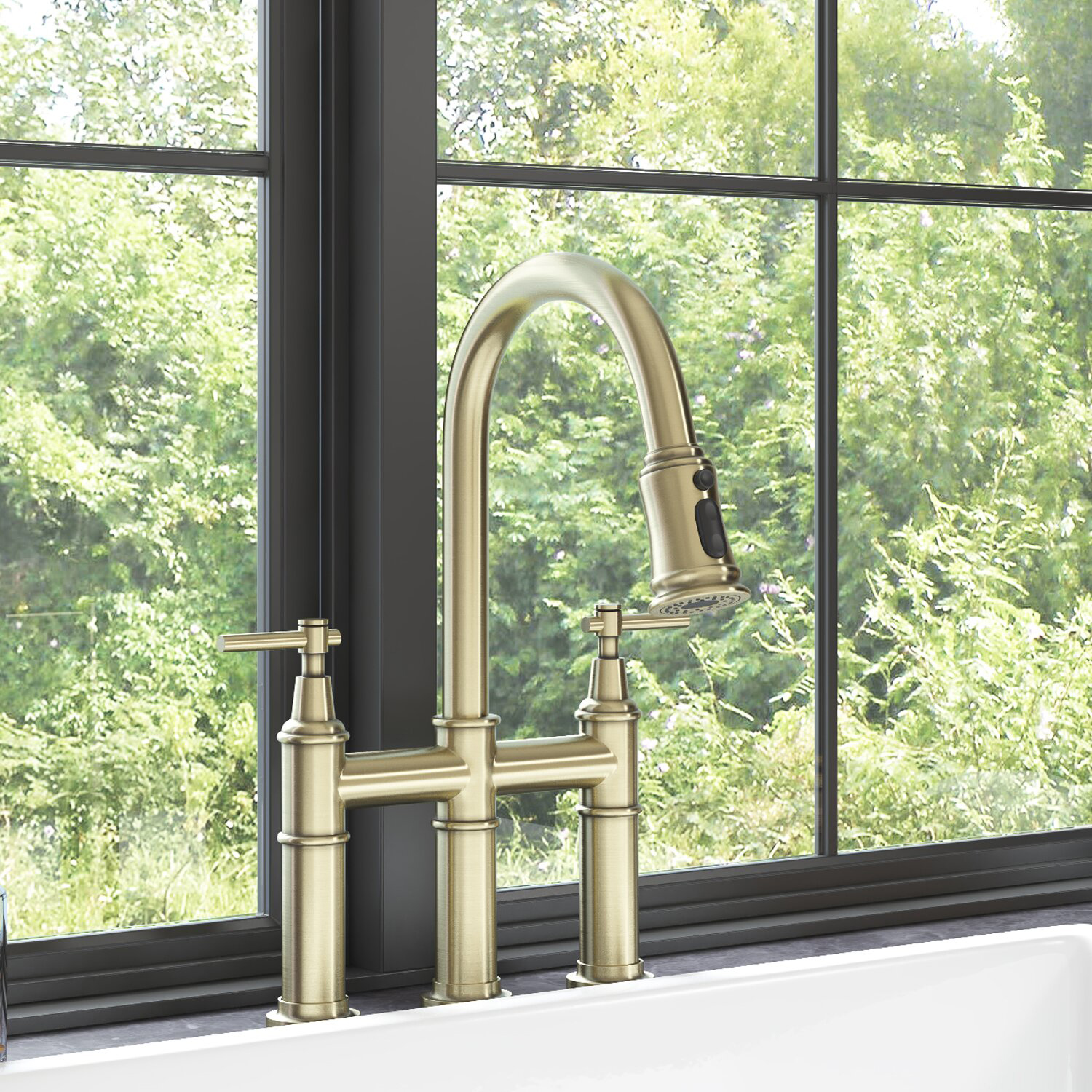 Aquacubic cUPC Brushed Gold Bridge Kitchen Faucet with Pull Down Sprayer 3 Hole Spot-Resistant Lead-Free Brass Kitchen Faucet 