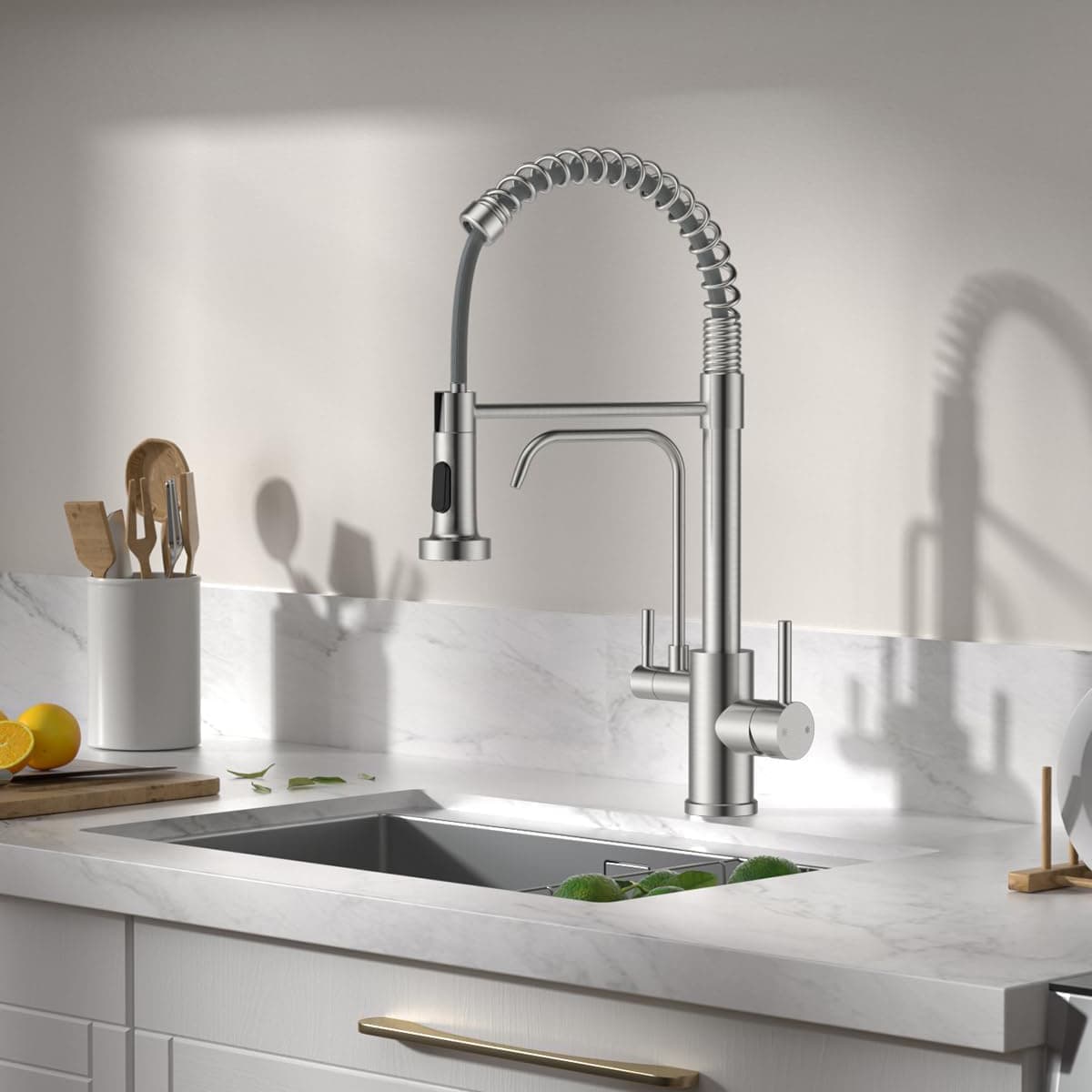 3-in-1 Pull Down Kitchen Faucet with Drinking Water Tap | 20" High Arc, Brushed Nickel | No Filter Required