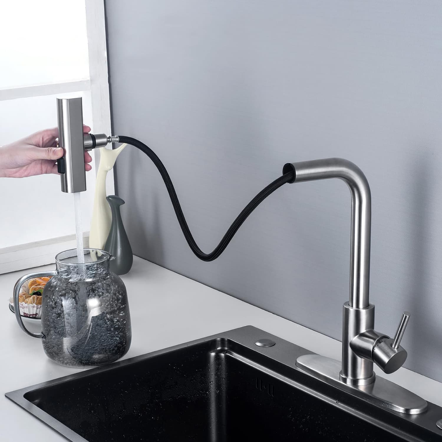 360° Swivel Stainless Steel Single Lever Handle Waterfall Kitchen Faucet with Pull Down Sprayer
