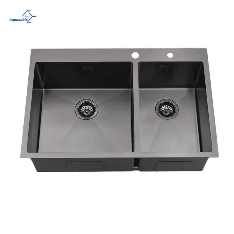 Aquacubic Manufacturer 304 Stainless Steel Handmade Topmount Double Bowl 60/40 Kitchen Sink with Faucet Hole