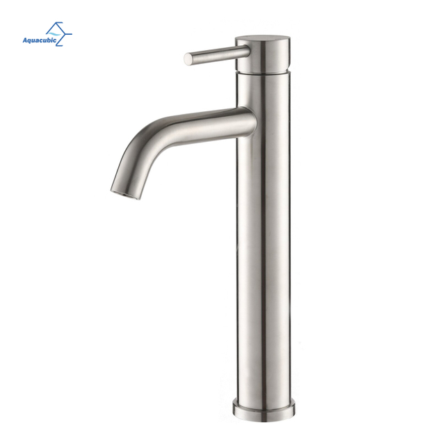 Aquacubic Tall Single Handle Stainless Steel Vessel Sink Bathroom Faucet Lavatory Mixer Tap with Pop-Up Drain