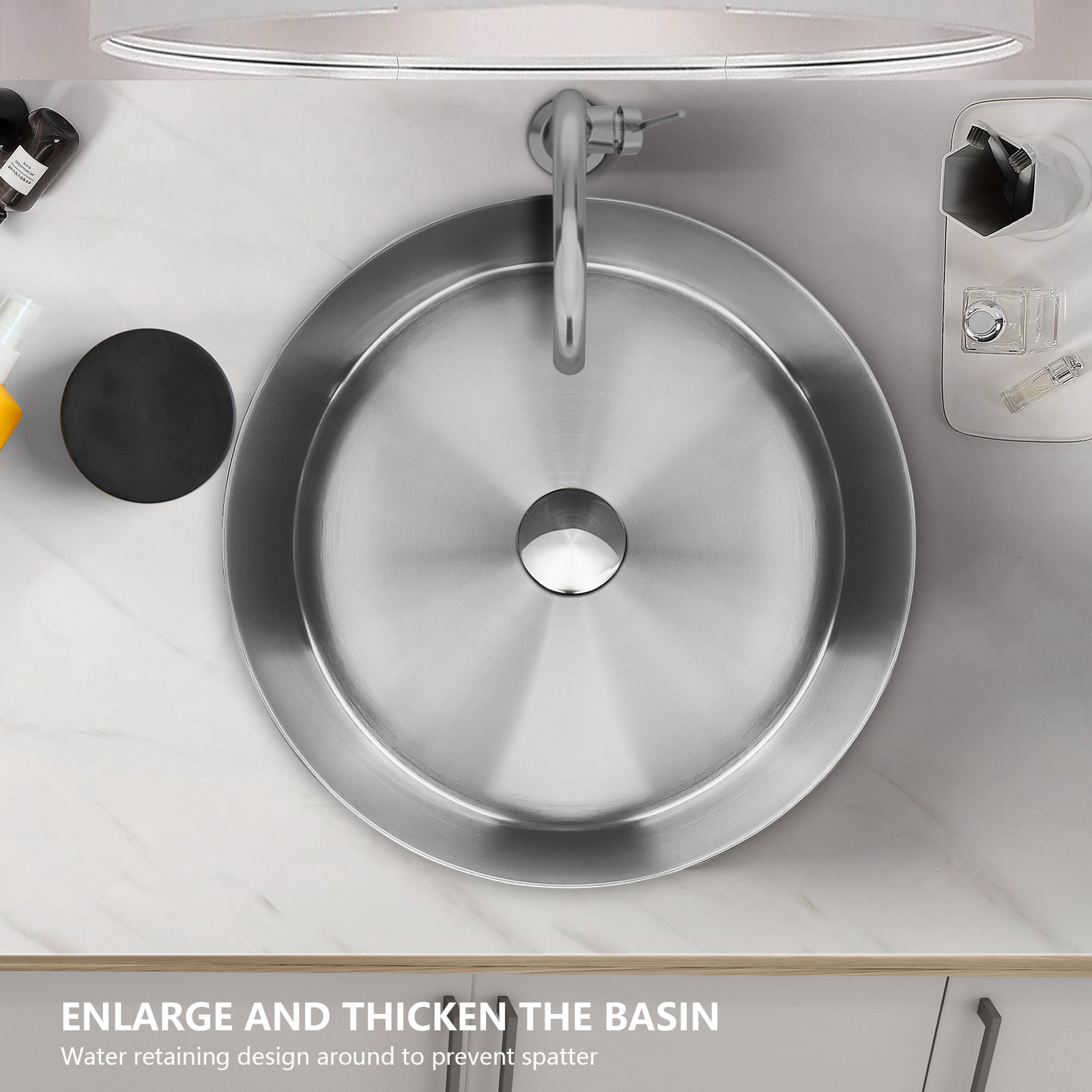 Modern Stainless Steel Bathroom Sink Above Counter Vessel Basin PVD Nano Coating 15.8" Round Sink With Drain