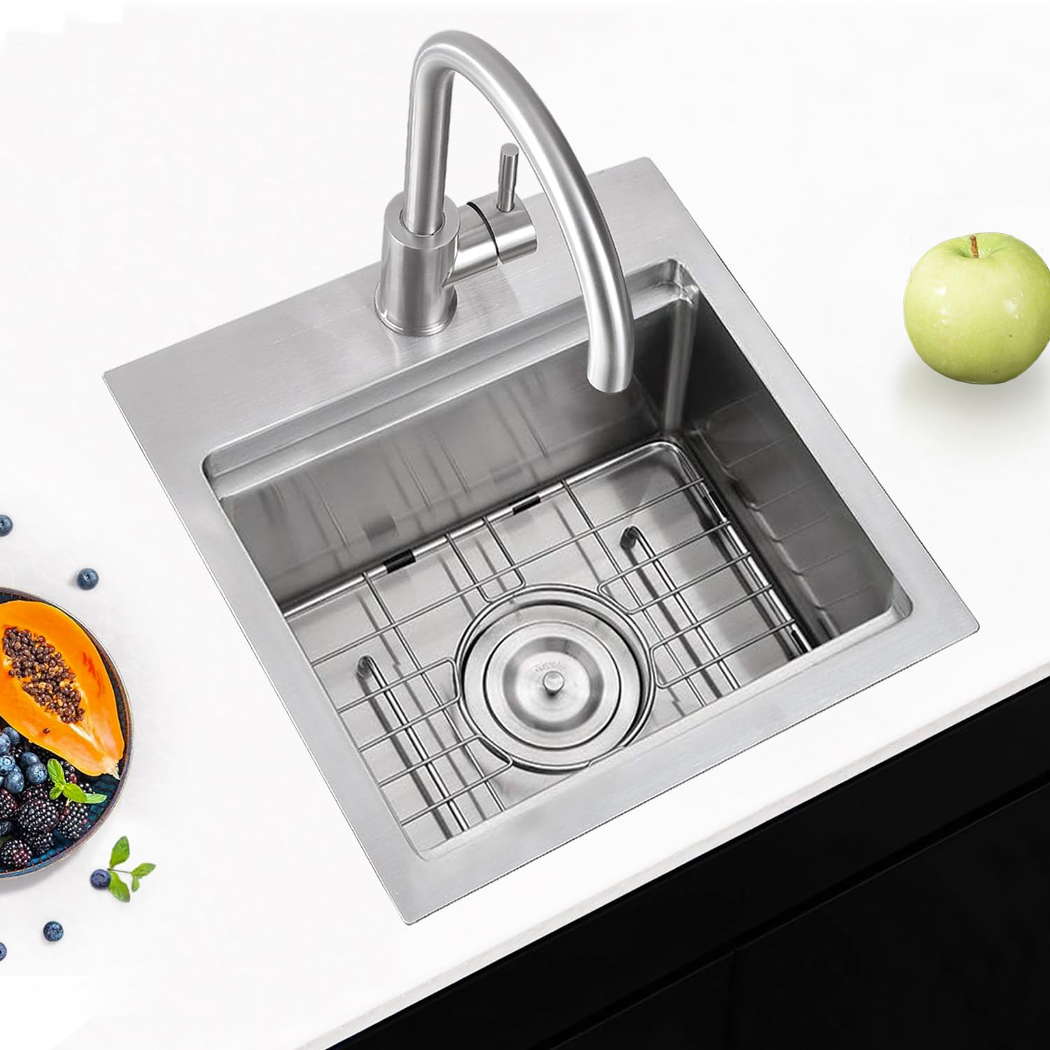 Customized 15 inch 16 Gauge Stainless Steel Kitchen Bar Sink Handmade Outdoor Prep Sink with Dish Grid & Drain