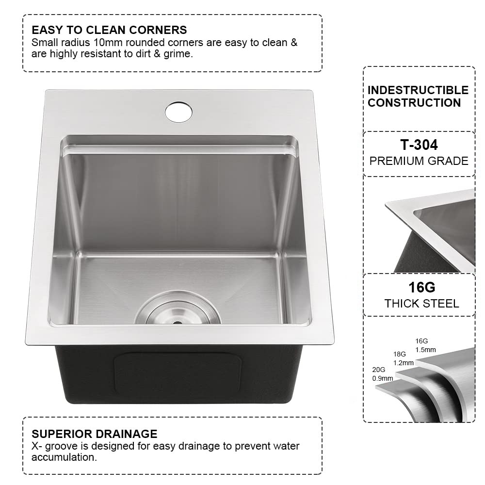 Customized 15 inch 16 Gauge Stainless Steel Kitchen Bar Sink Handmade Outdoor Prep Sink with Dish Grid & Drain