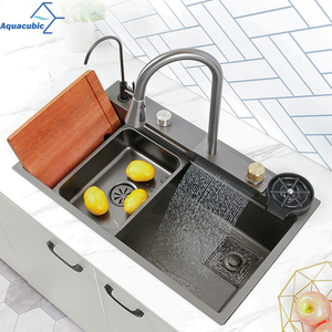 Hot Selling Waterfall Kitchen Sink Nano Black 304 Stainless Steel Handmade Kitchen Sink with Waterfall Pull Out Kitchen Faucet