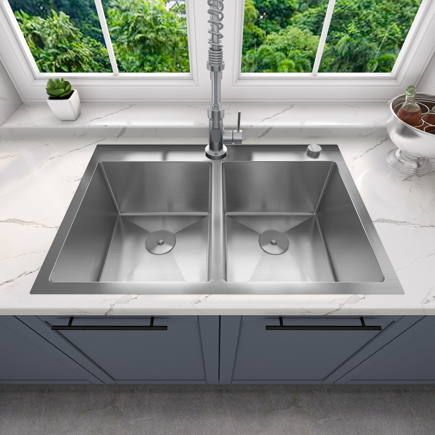 Dual bowl 33 Inch Drop-in 304 Stainless Steel brushed Handmade topmount Kitchen Sink