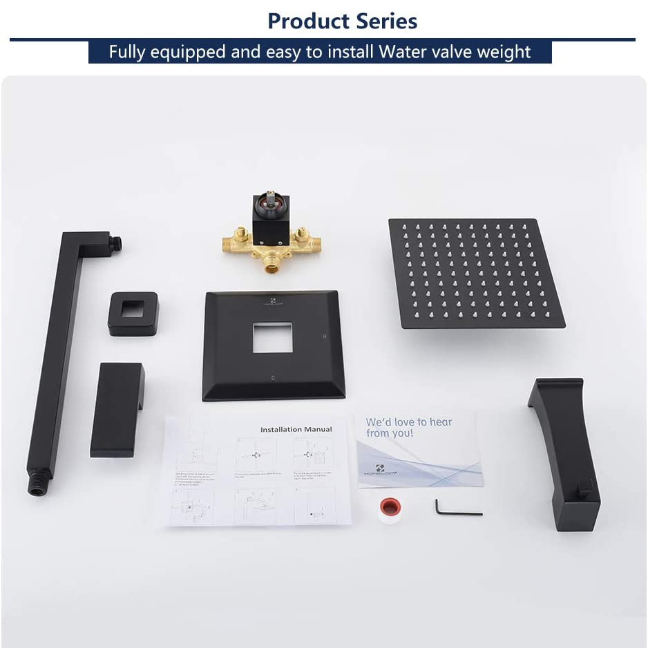 Aquacubic cUPC certified Matte Black Shower Trim Kits and Valve, with 8'' Square Shower Head, Brass Control Valve, and Tub Spout