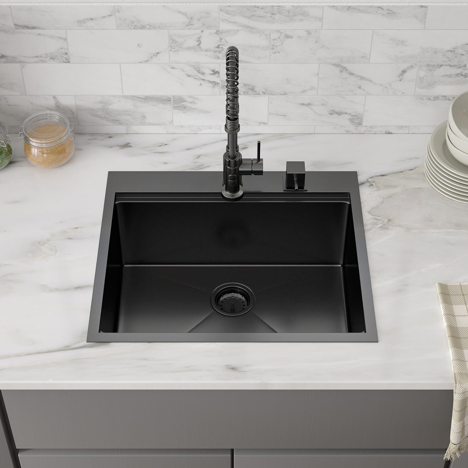 25x22 Black Stainless Steel Drop In Kitchen Workstation Sink 16 Gauge Single Bowl Deep Kitchen Sink with Cutting Board