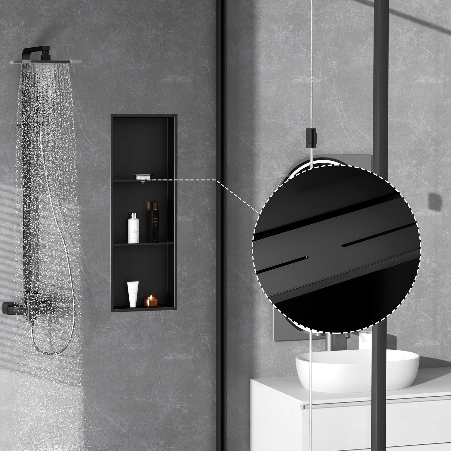 Factory Direct Bathroom 304 Stainless Steel Matte Black 3 Tier Recessed Shower Metal Niches