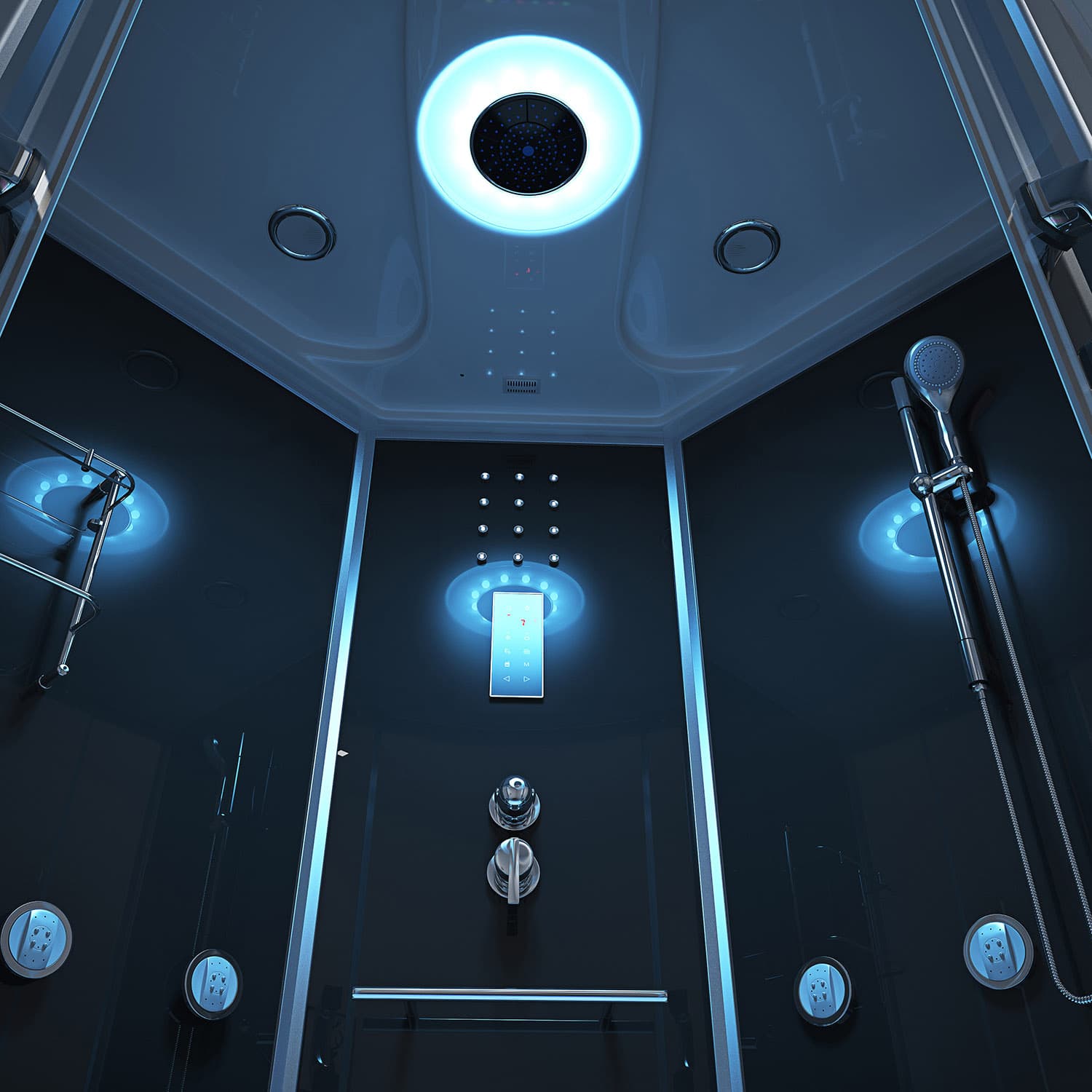 Corner Steam Shower Cabin - Glass Sliding Door with Hydro Massage Jets, Bluetooth Radio & LED Lighting