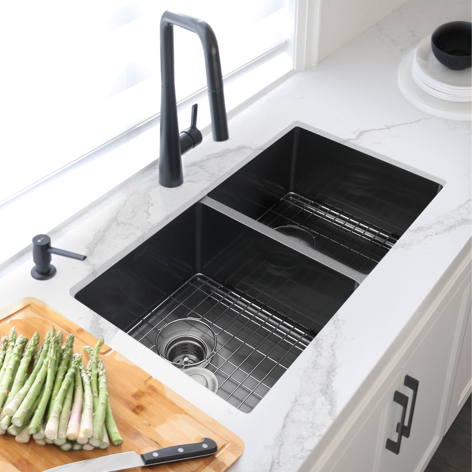 33 Inch 304 Stainless Steel Black Nano Handmade Undermount Double Bowl Kitchen Sink