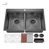Aquacubic 33*22 Inch Gunmetal Black 304 Stainless steel Double Bowl Topmount Kitchen Sink with Ledge and Accessories