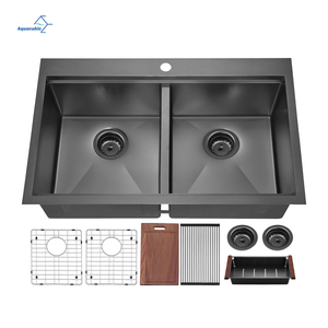 Aquacubic 33*22 Inch Gunmetal Black 304 Stainless steel Double Bowl Topmount Kitchen Sink with Ledge and Accessories