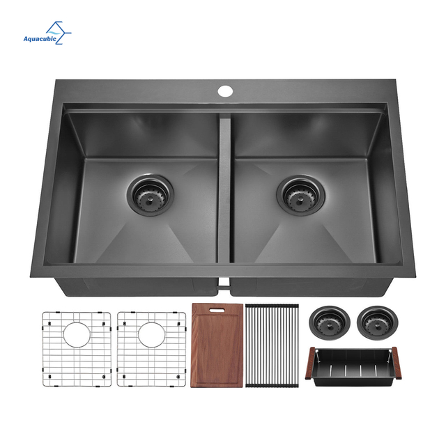 Aquacubic 33*22 Inch Gunmetal Black 304 Stainless steel Double Bowl Topmount Kitchen Sink with Ledge and Accessories
