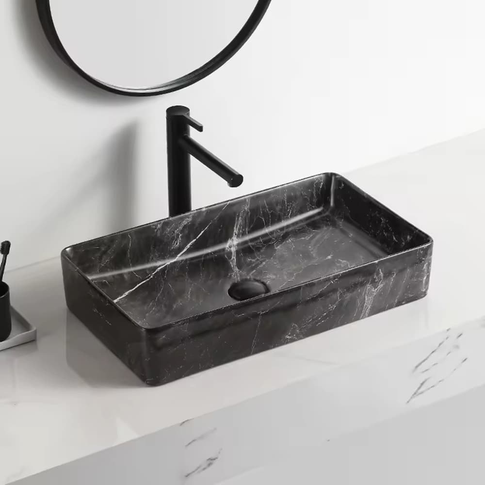 Rectangular Ceramic Vessel Sink | Water Transfer Marble Finish Customizable Colors & Styles for Hotels (Bulk Order)