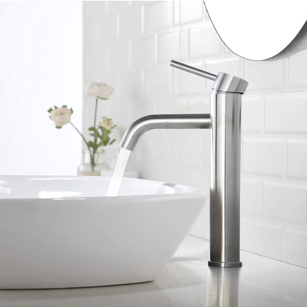 Aquacubic Tall Single Handle Stainless Steel Vessel Sink Bathroom Faucet Lavatory Mixer Tap with Pop-Up Drain