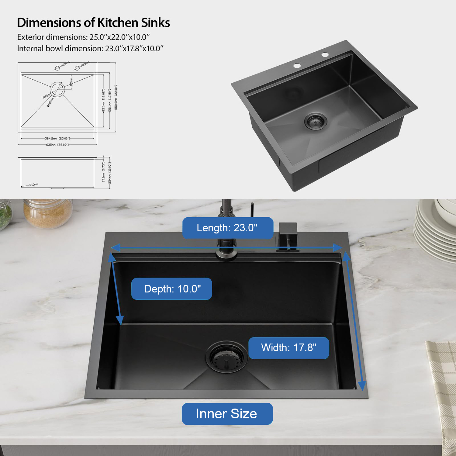 25x22 Black Stainless Steel Drop In Kitchen Workstation Sink 16 Gauge Single Bowl Deep Kitchen Sink with Cutting Board