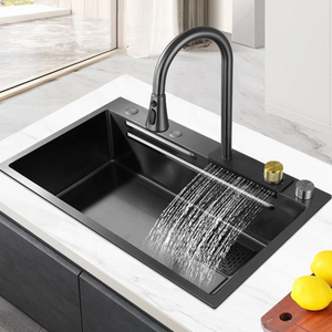 Tiktok 30 Inch Black Waterfall Sink Stainless Steel Handmade Kitchen Sink with Waterfall Faucet