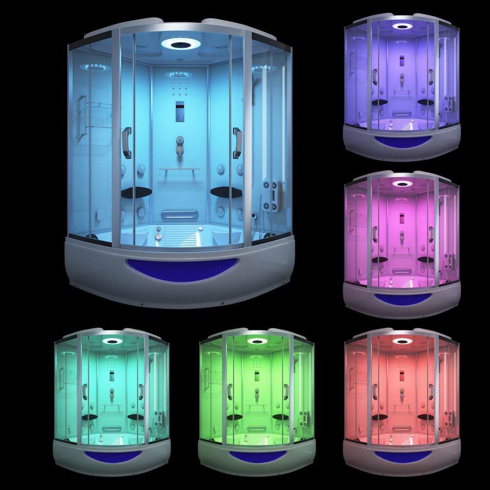 Corner Steam Shower Cabin - Glass Sliding Door with Hydro Massage Jets, Bluetooth Radio & LED Lighting