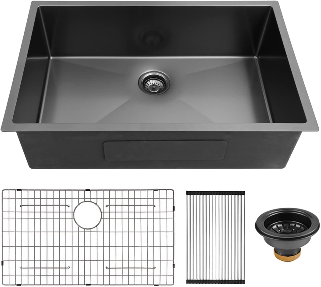 32''x18'' Matte Black Modern Undermount Nano Stainless Steel Kitchen Sink
