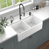 USA Stand 33-Inch Farmhouse Ceramic Kitchen Sink Reversible Double Bowl Farm Sink with Strainer